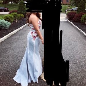 Two piece Sherri Hill denim prom dress